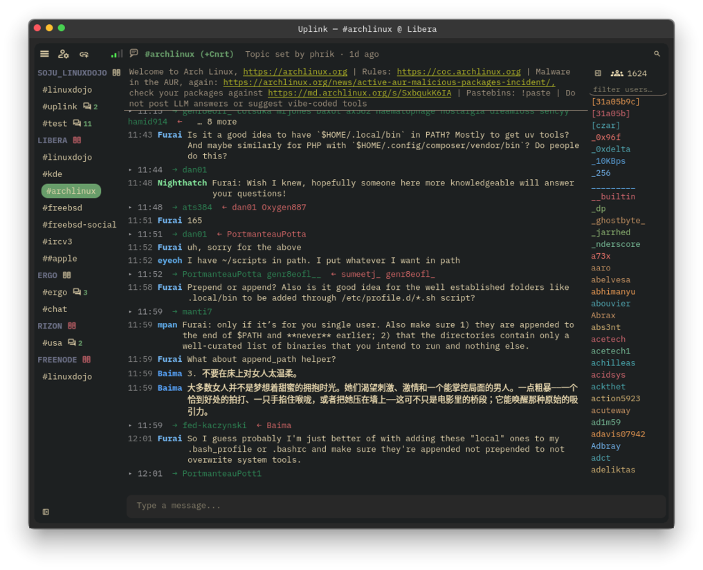 Uplink joined to #archlinux on Libera