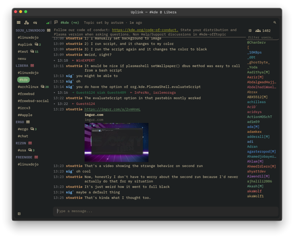 Uplink joined to #kde on Libera