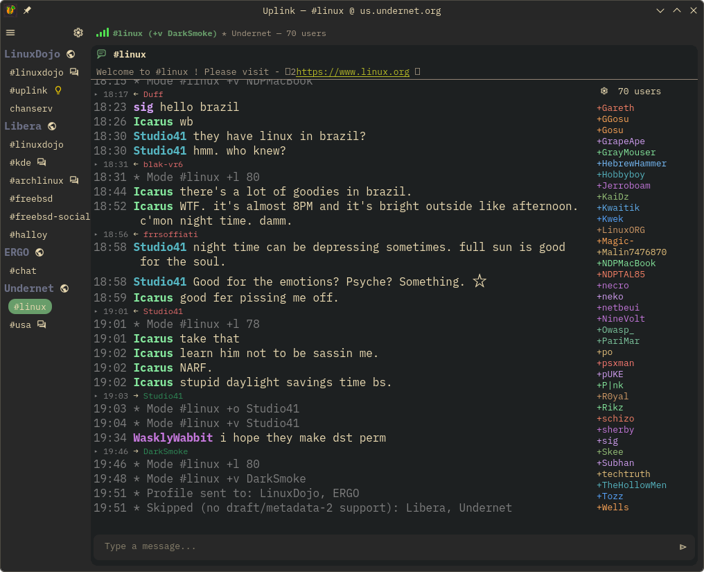 Uplink connected to LinuxDojo, showing the #uplink channel