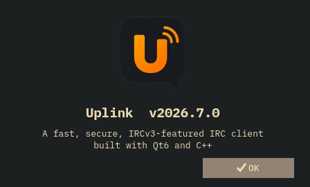 The About Uplink dialog showing the version and build information