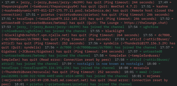 An expanded event group showing every join and quit as a full line