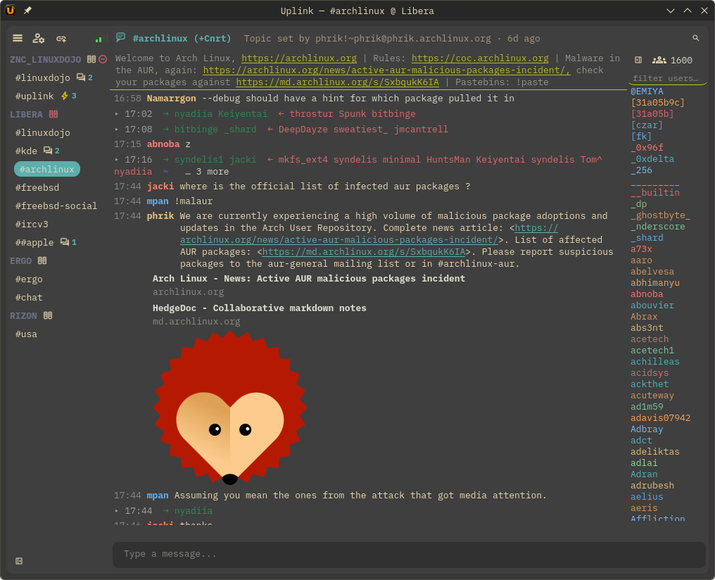 The full Uplink main window: sidebar, chat area, and nick list