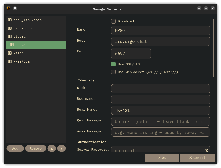 The Manage Servers dialog with the server list and settings form