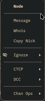 The right-click nick menu open over the nick list