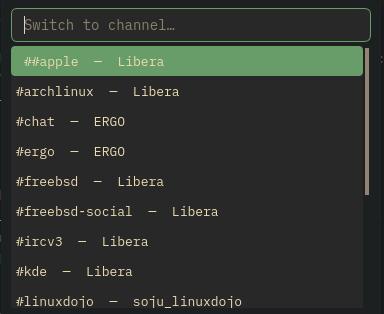The Ctrl+K quick channel switcher popup filtering channels