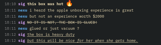Bold, italic, underline, and colored text rendered in the chat view